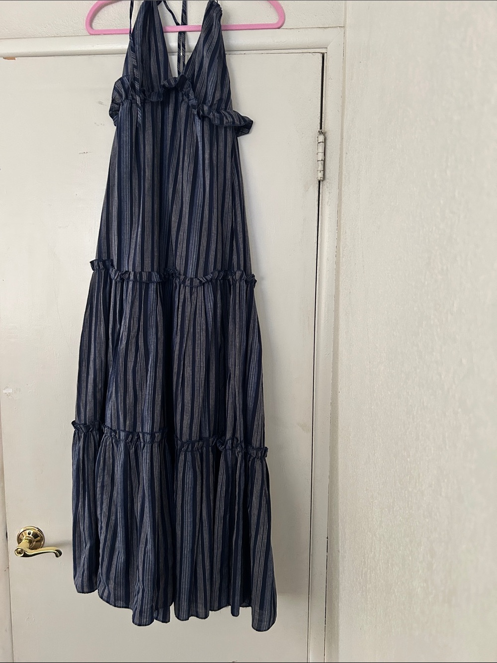 Lulu's Navy and Charcoal Striped Tiered Halter Maxi Dress